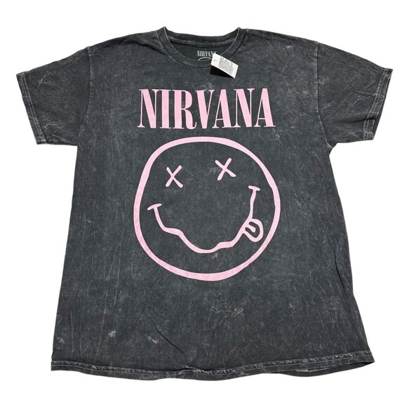 Nirvana Women Size L Black Wash‎ Pink Happy Face Graphic Print Tee T-Shirt NWT - Picture 3 of 5